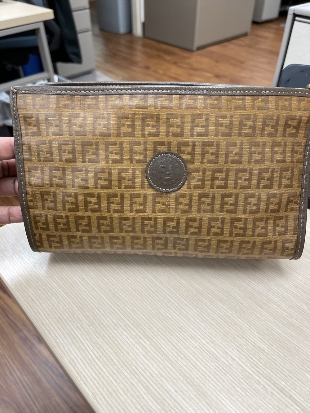 Fendi Zucchino Vintage Brown Monogram Coated Canvas Cosmetic Clutch EUC